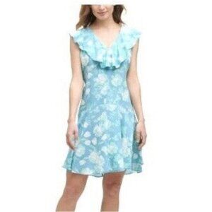 Calvin Klein Sleeveless Ruffle V-Neck Aqua Green-Blue Floral Woven Dress Size 4